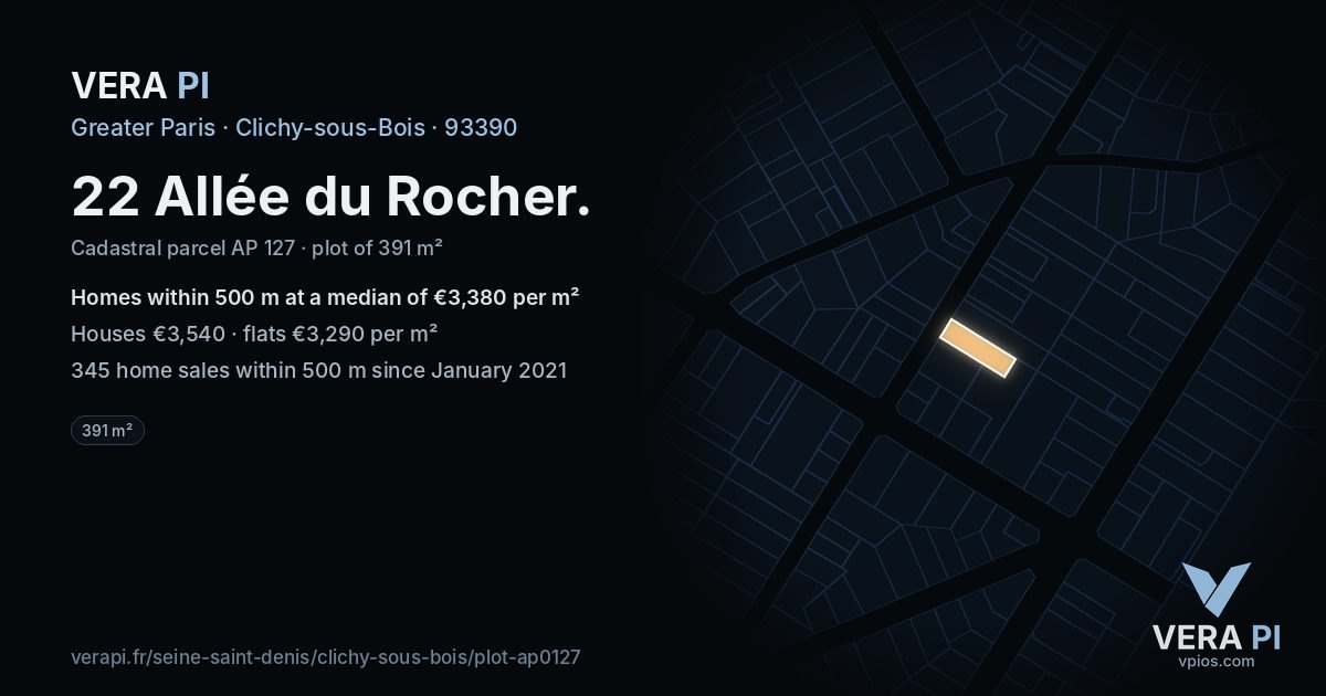 22 Allée du Rocher, Clichy-sous-Bois at night – the plot lit, the parcels around coloured by the prices near them