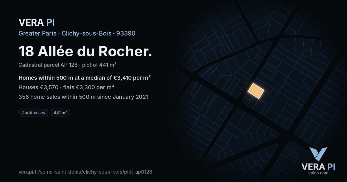 18 Allée du Rocher, Clichy-sous-Bois at night – the plot lit, the parcels around coloured by the prices near them