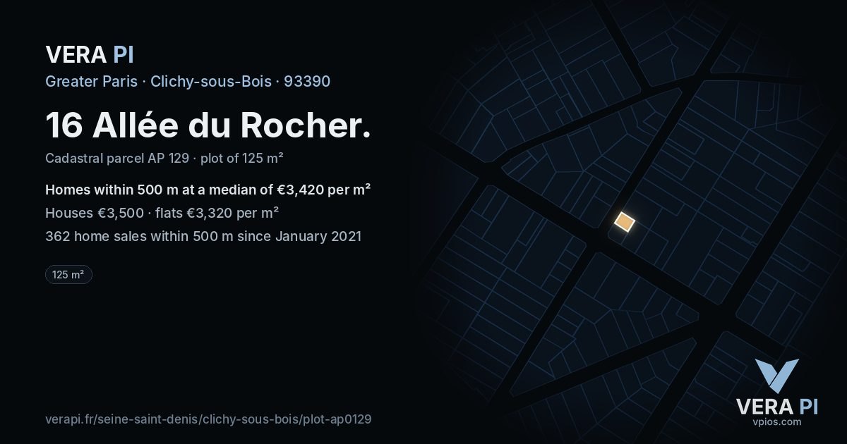 16 Allée du Rocher, Clichy-sous-Bois at night – the plot lit, the parcels around coloured by the prices near them
