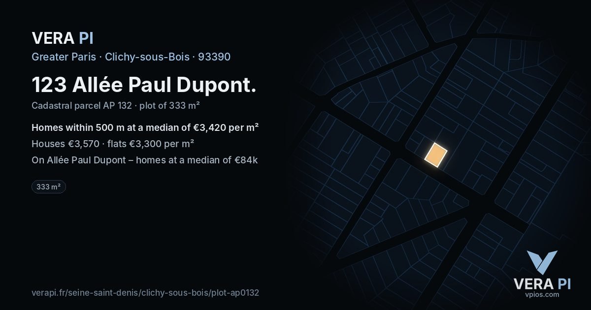 123 Allée Paul Dupont, Clichy-sous-Bois at night – the plot lit, the parcels around coloured by the prices near them