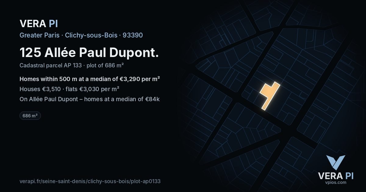 125 Allée Paul Dupont, Clichy-sous-Bois at night – the plot lit, the parcels around coloured by the prices near them