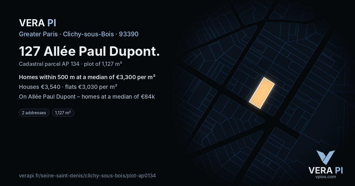 127 Allée Paul Dupont, Clichy-sous-Bois at night – the plot lit, the parcels around coloured by the prices near them