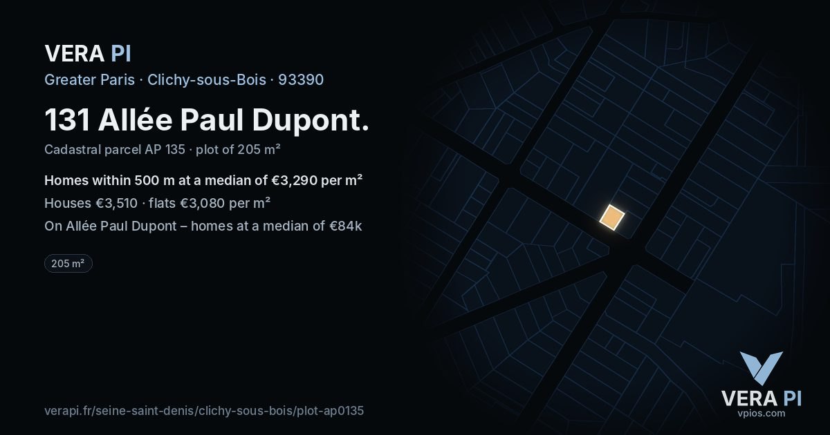 131 Allée Paul Dupont, Clichy-sous-Bois at night – the plot lit, the parcels around coloured by the prices near them