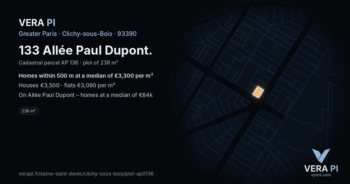 133 Allée Paul Dupont, Clichy-sous-Bois at night – the plot lit, the parcels around coloured by the prices near them