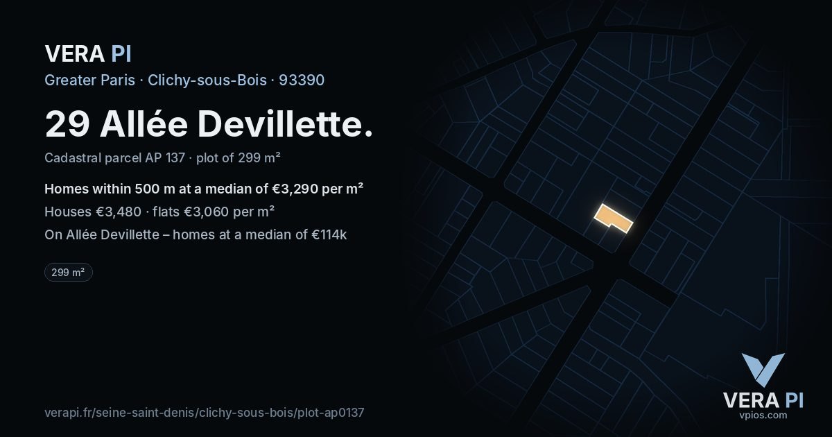 29 Allée Devillette, Clichy-sous-Bois at night – the plot lit, the parcels around coloured by the prices near them