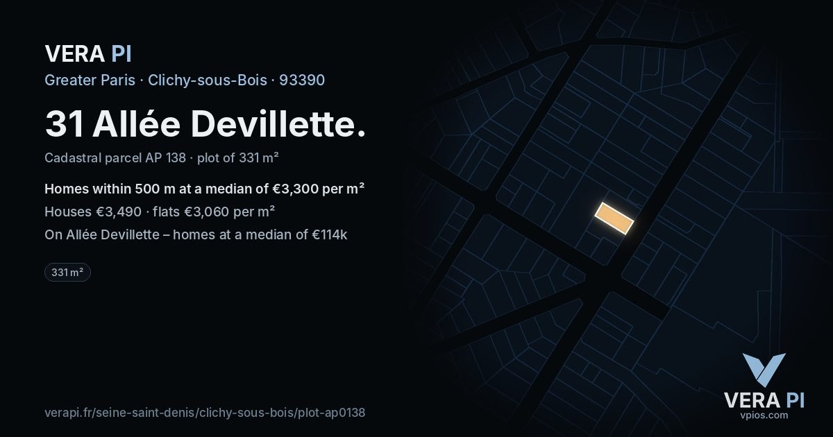 31 Allée Devillette, Clichy-sous-Bois at night – the plot lit, the parcels around coloured by the prices near them