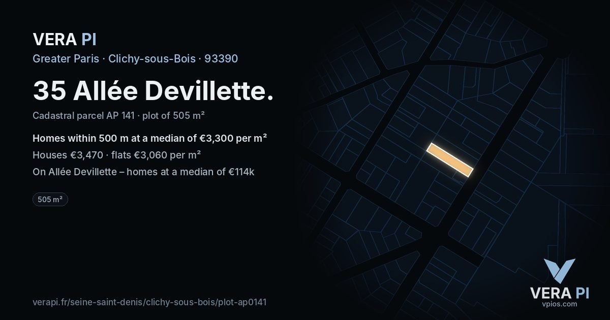 35 Allée Devillette, Clichy-sous-Bois at night – the plot lit, the parcels around coloured by the prices near them