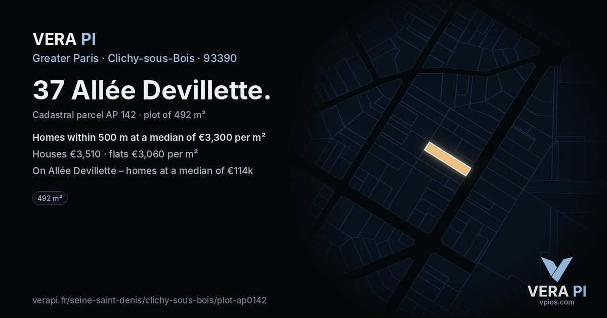 37 Allée Devillette, Clichy-sous-Bois at night – the plot lit, the parcels around coloured by the prices near them