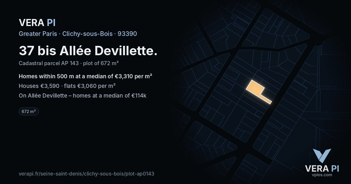 37 bis Allée Devillette, Clichy-sous-Bois at night – the plot lit, the parcels around coloured by the prices near them
