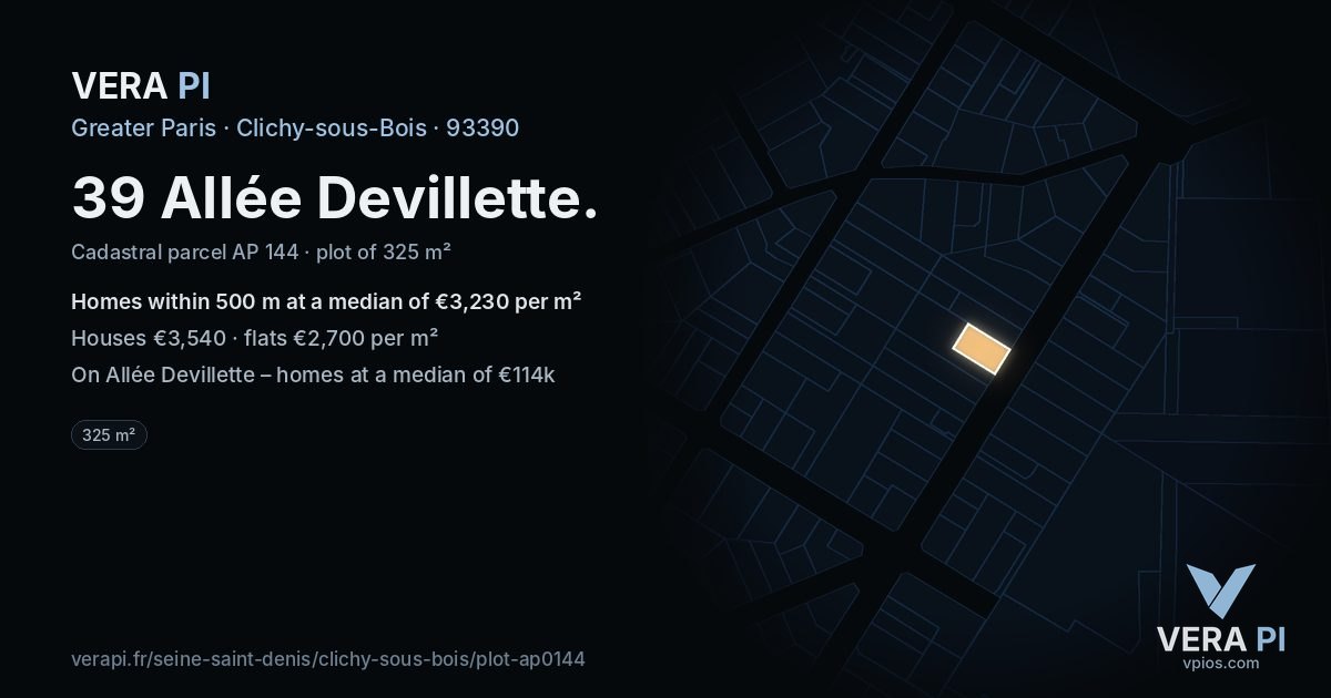39 Allée Devillette, Clichy-sous-Bois at night – the plot lit, the parcels around coloured by the prices near them