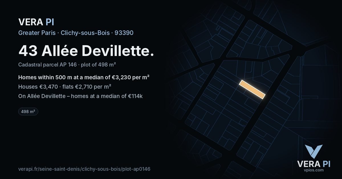 43 Allée Devillette, Clichy-sous-Bois at night – the plot lit, the parcels around coloured by the prices near them