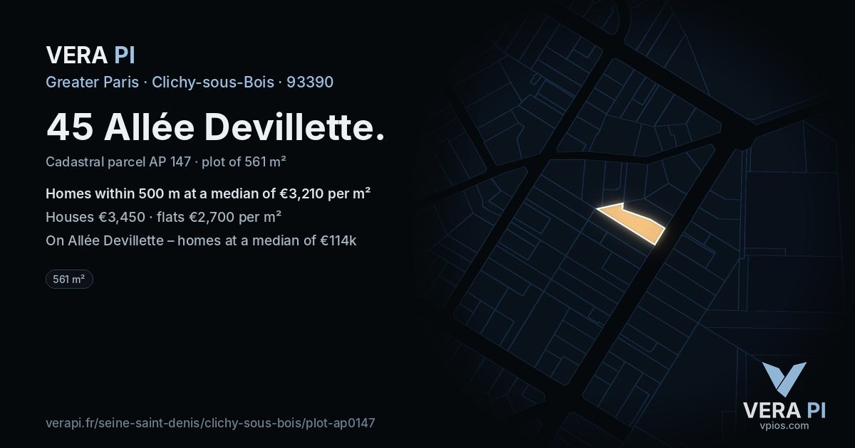 45 Allée Devillette, Clichy-sous-Bois at night – the plot lit, the parcels around coloured by the prices near them