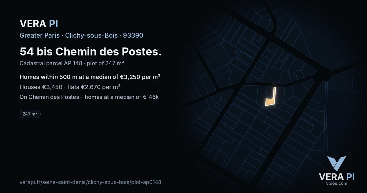 54 bis Chemin des Postes, Clichy-sous-Bois at night – the plot lit, the parcels around coloured by the prices near them