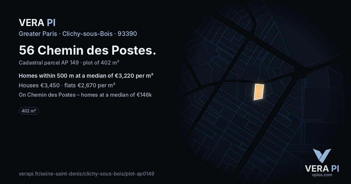 56 Chemin des Postes, Clichy-sous-Bois at night – the plot lit, the parcels around coloured by the prices near them
