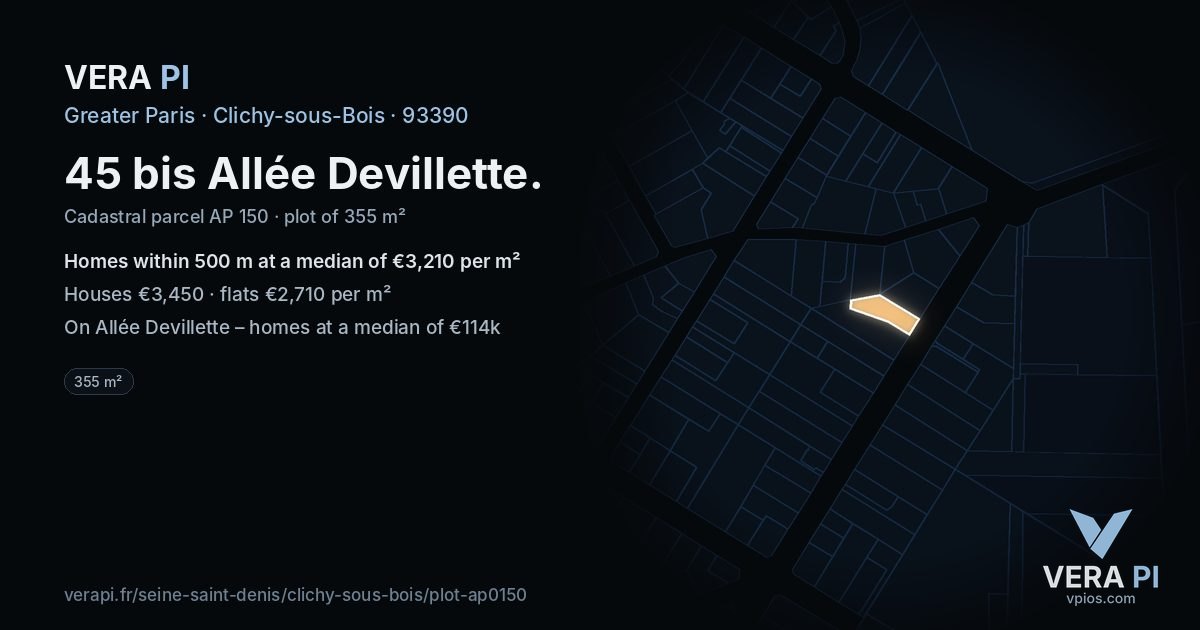 45 bis Allée Devillette, Clichy-sous-Bois at night – the plot lit, the parcels around coloured by the prices near them