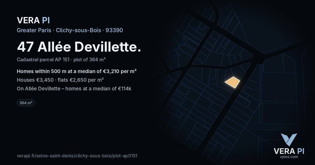 47 Allée Devillette, Clichy-sous-Bois at night – the plot lit, the parcels around coloured by the prices near them