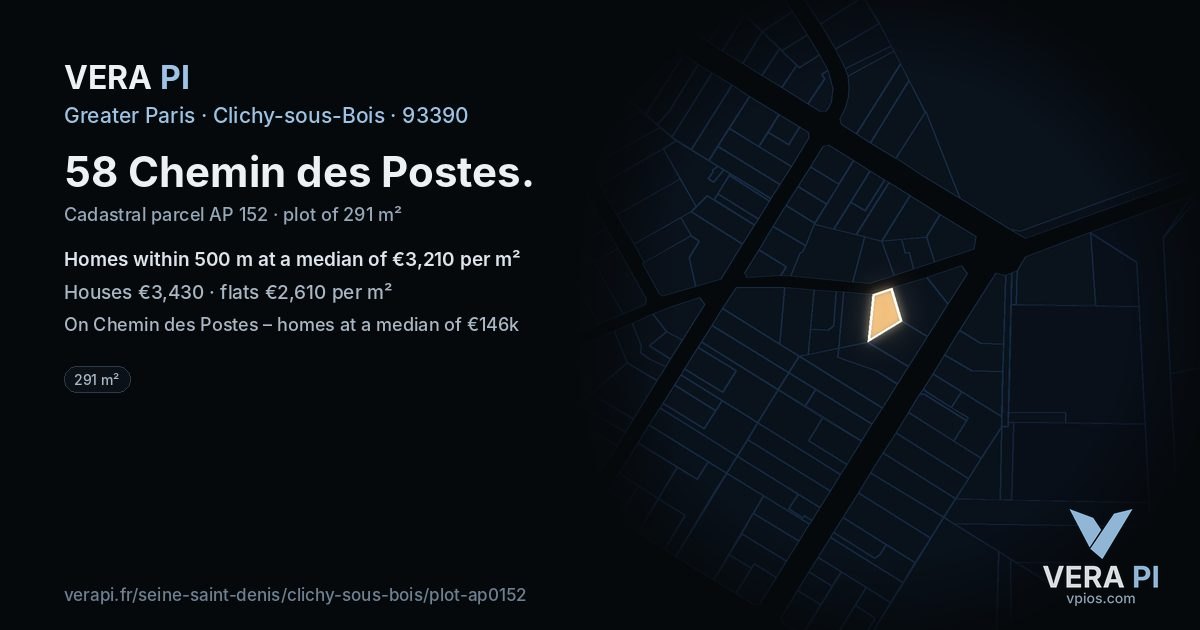58 Chemin des Postes, Clichy-sous-Bois at night – the plot lit, the parcels around coloured by the prices near them