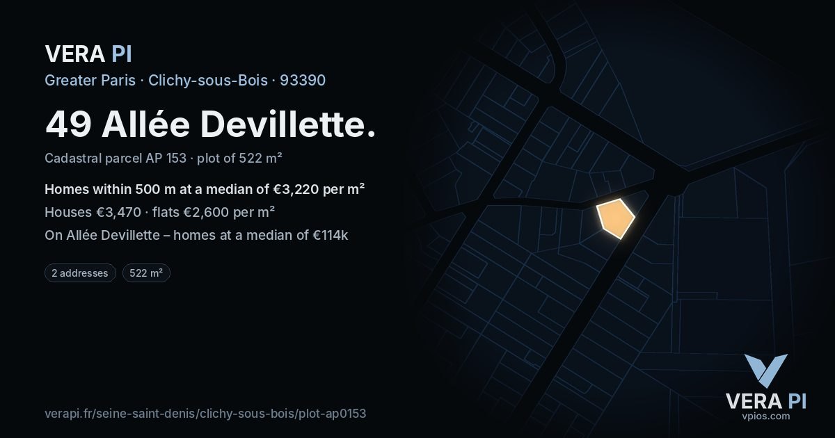 49 Allée Devillette, Clichy-sous-Bois at night – the plot lit, the parcels around coloured by the prices near them