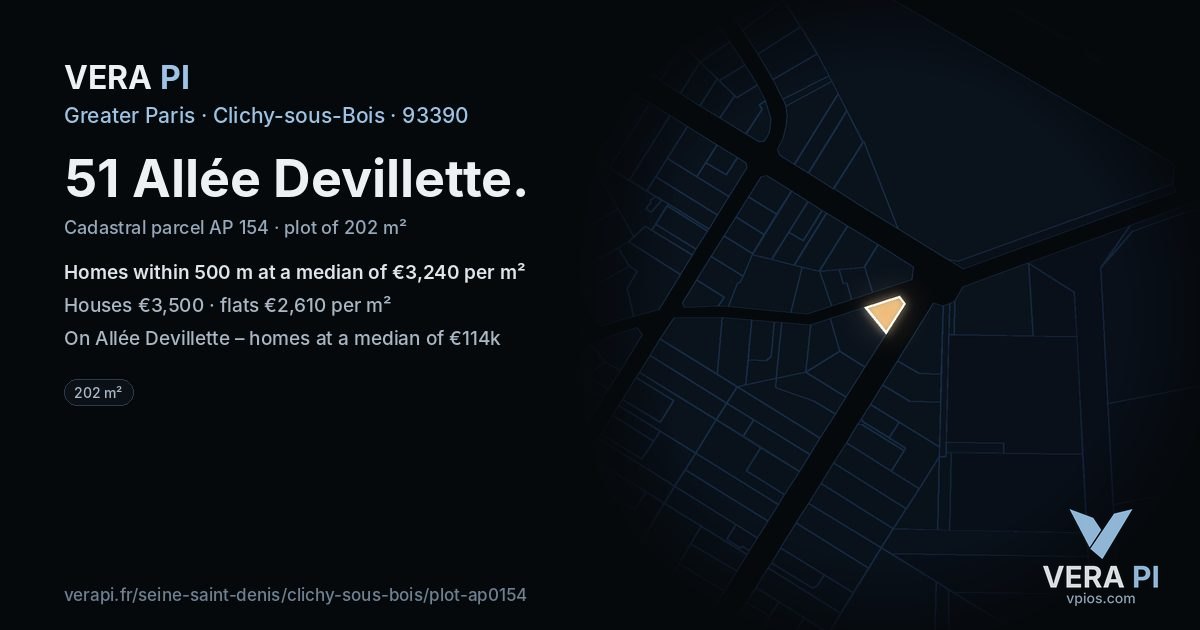 51 Allée Devillette, Clichy-sous-Bois at night – the plot lit, the parcels around coloured by the prices near them