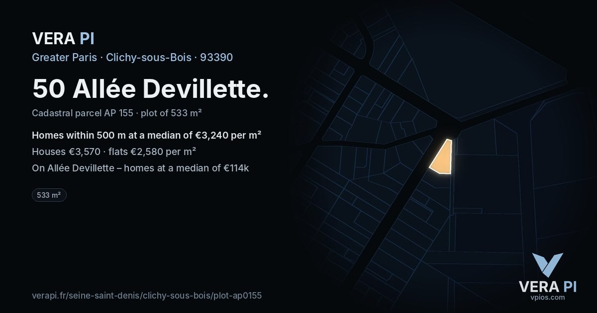 50 Allée Devillette, Clichy-sous-Bois at night – the plot lit, the parcels around coloured by the prices near them