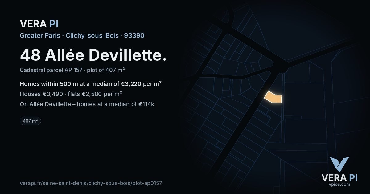 48 Allée Devillette, Clichy-sous-Bois at night – the plot lit, the parcels around coloured by the prices near them