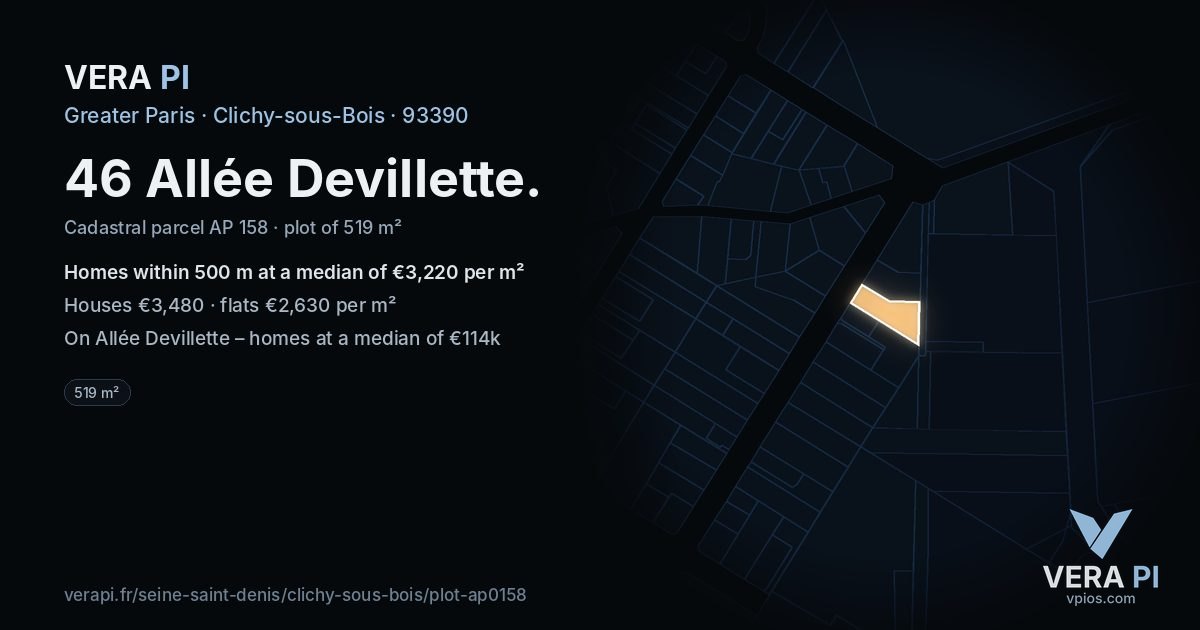 46 Allée Devillette, Clichy-sous-Bois at night – the plot lit, the parcels around coloured by the prices near them