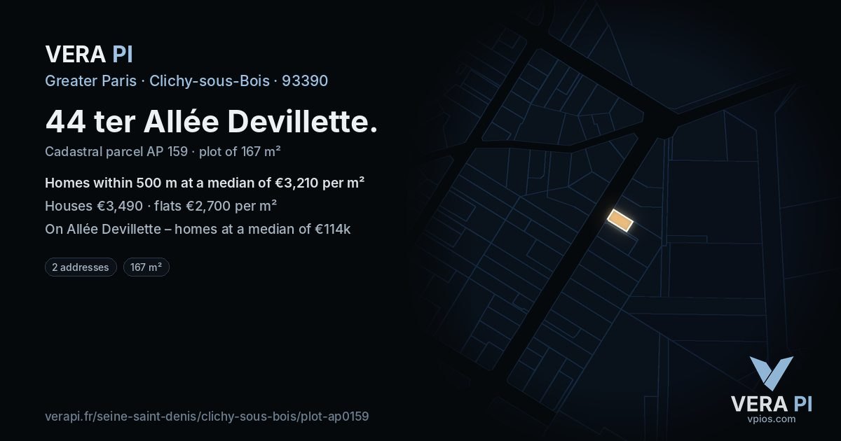 44 ter Allée Devillette, Clichy-sous-Bois at night – the plot lit, the parcels around coloured by the prices near them