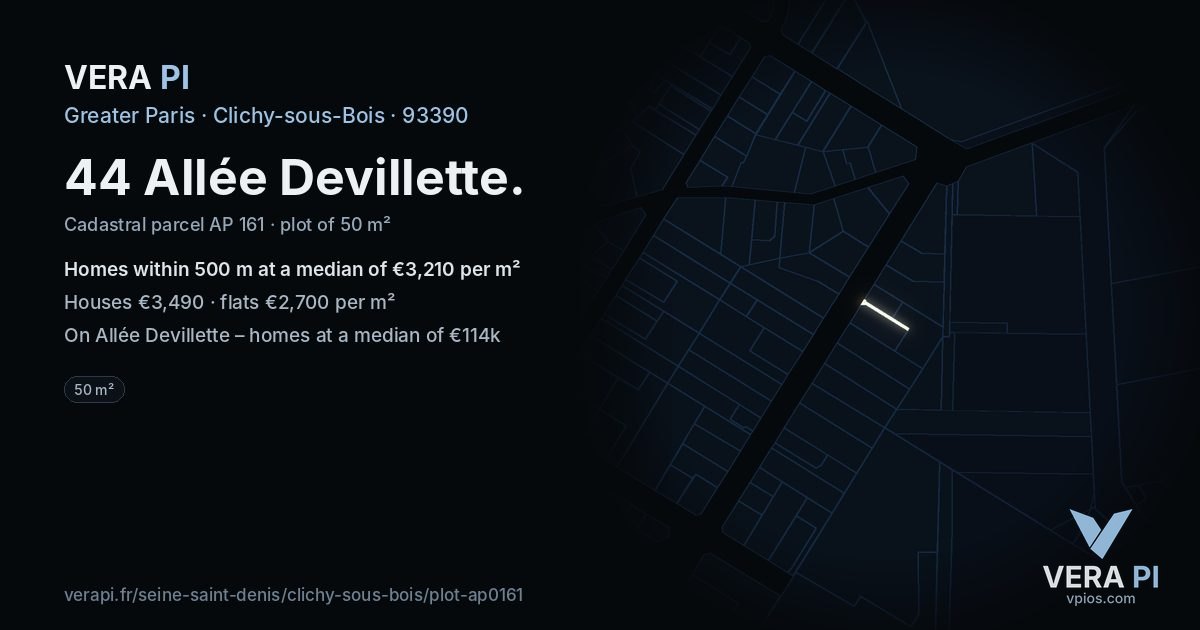 44 Allée Devillette, Clichy-sous-Bois at night – the plot lit, the parcels around coloured by the prices near them