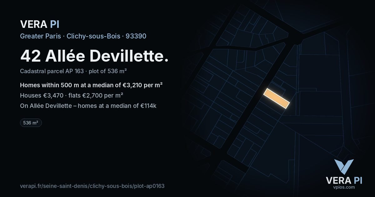 42 Allée Devillette, Clichy-sous-Bois at night – the plot lit, the parcels around coloured by the prices near them