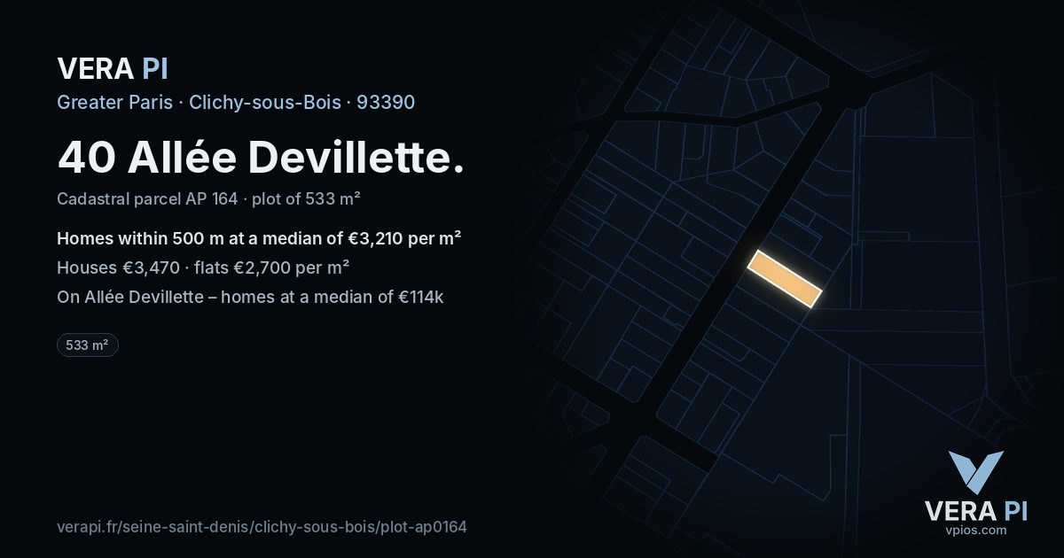 40 Allée Devillette, Clichy-sous-Bois at night – the plot lit, the parcels around coloured by the prices near them