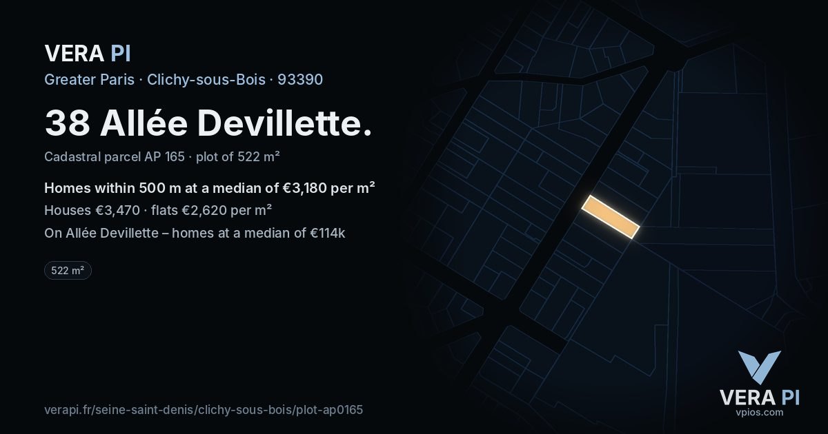 38 Allée Devillette, Clichy-sous-Bois at night – the plot lit, the parcels around coloured by the prices near them