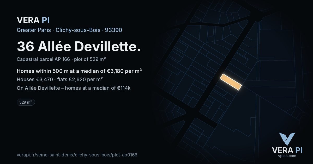 36 Allée Devillette, Clichy-sous-Bois at night – the plot lit, the parcels around coloured by the prices near them