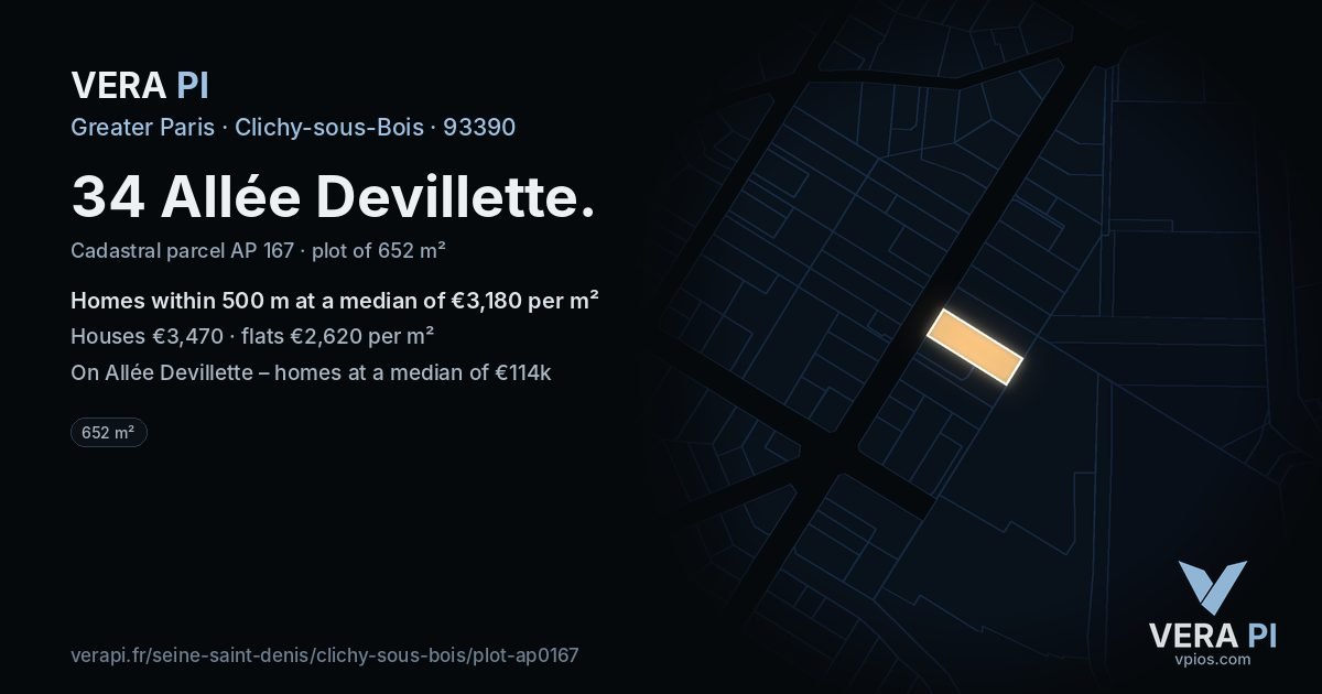 34 Allée Devillette, Clichy-sous-Bois at night – the plot lit, the parcels around coloured by the prices near them