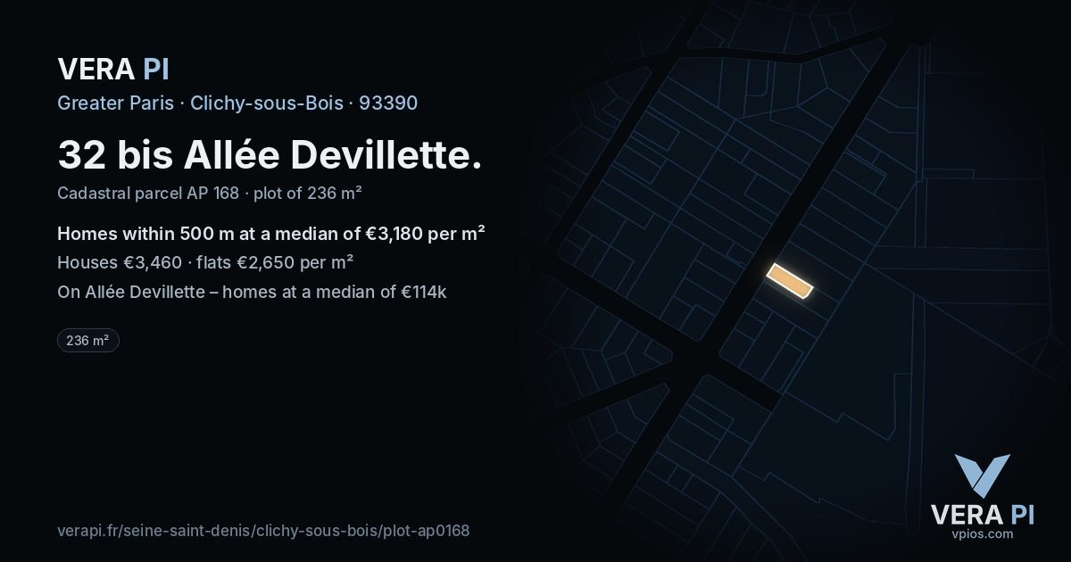 32 bis Allée Devillette, Clichy-sous-Bois at night – the plot lit, the parcels around coloured by the prices near them