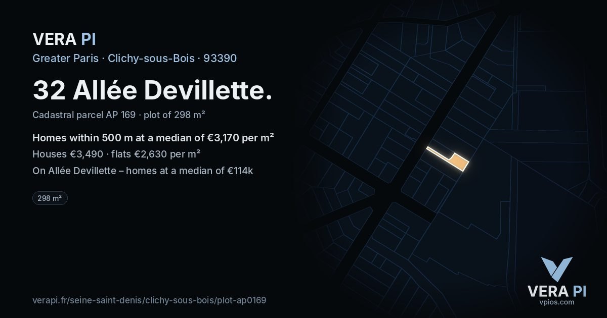 32 Allée Devillette, Clichy-sous-Bois at night – the plot lit, the parcels around coloured by the prices near them