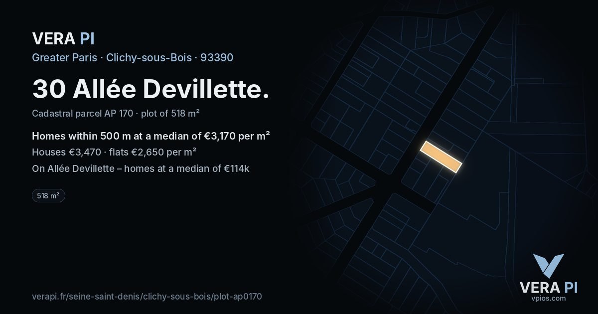 30 Allée Devillette, Clichy-sous-Bois at night – the plot lit, the parcels around coloured by the prices near them