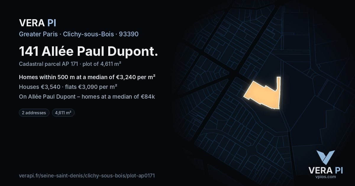 141 Allée Paul Dupont, Clichy-sous-Bois at night – the plot lit, the parcels around coloured by the prices near them
