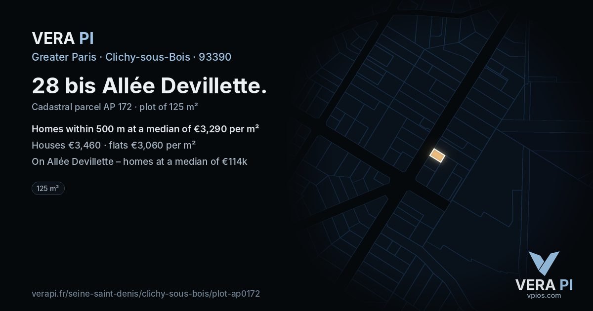 28 bis Allée Devillette, Clichy-sous-Bois at night – the plot lit, the parcels around coloured by the prices near them