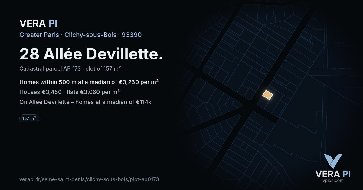28 Allée Devillette, Clichy-sous-Bois at night – the plot lit, the parcels around coloured by the prices near them
