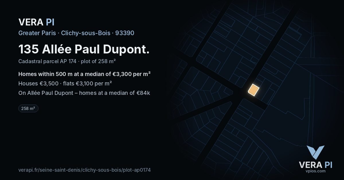 135 Allée Paul Dupont, Clichy-sous-Bois at night – the plot lit, the parcels around coloured by the prices near them