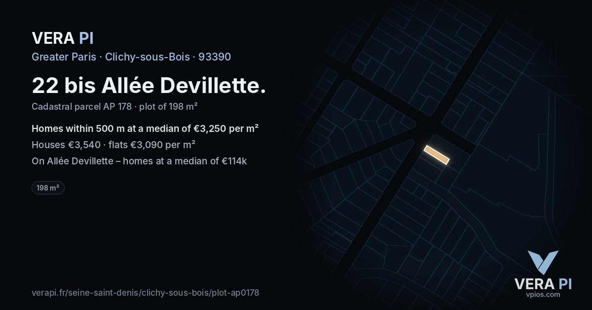 22 bis Allée Devillette, Clichy-sous-Bois at night – the plot lit, the parcels around coloured by the prices near them