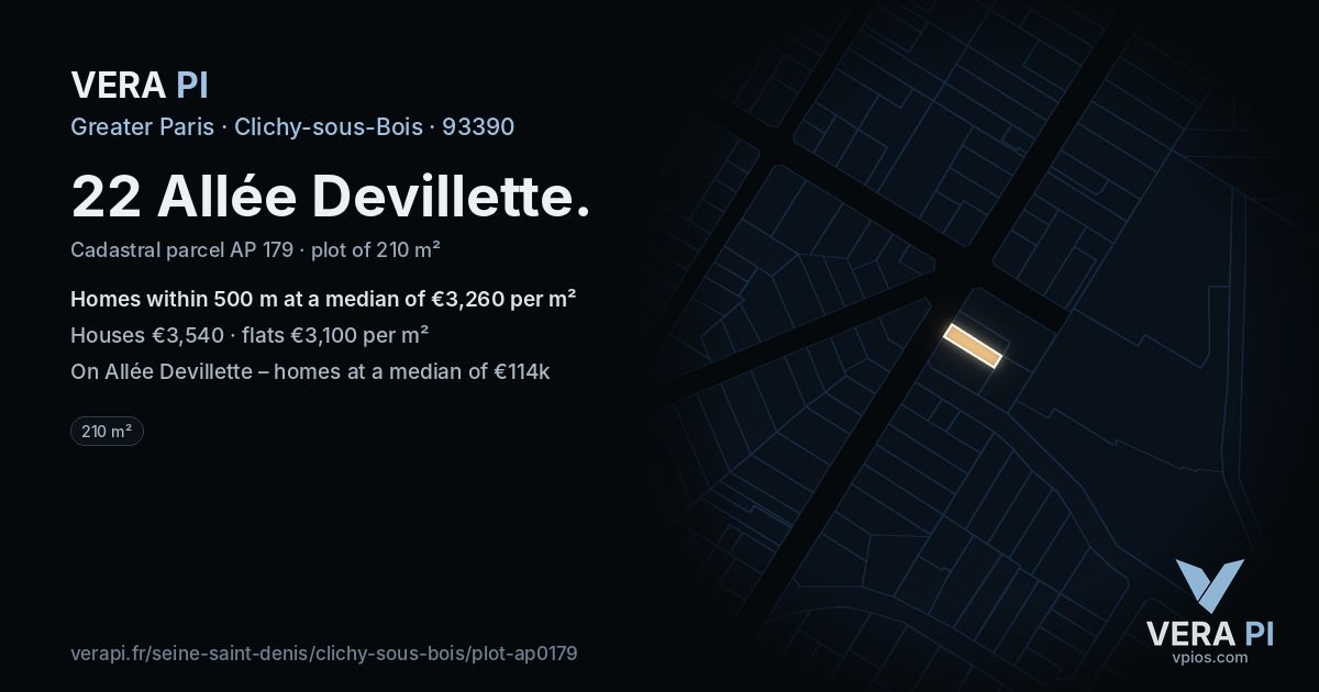 22 Allée Devillette, Clichy-sous-Bois at night – the plot lit, the parcels around coloured by the prices near them