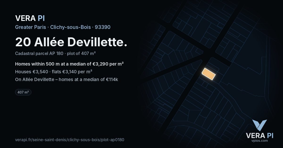 20 Allée Devillette, Clichy-sous-Bois at night – the plot lit, the parcels around coloured by the prices near them