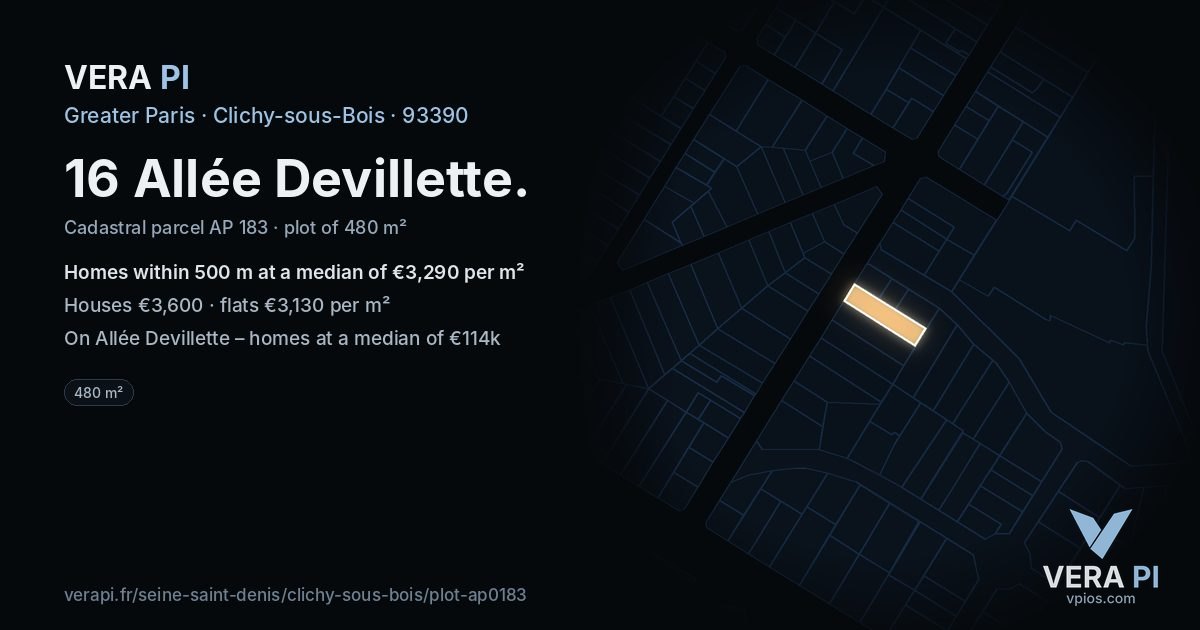 16 Allée Devillette, Clichy-sous-Bois at night – the plot lit, the parcels around coloured by the prices near them