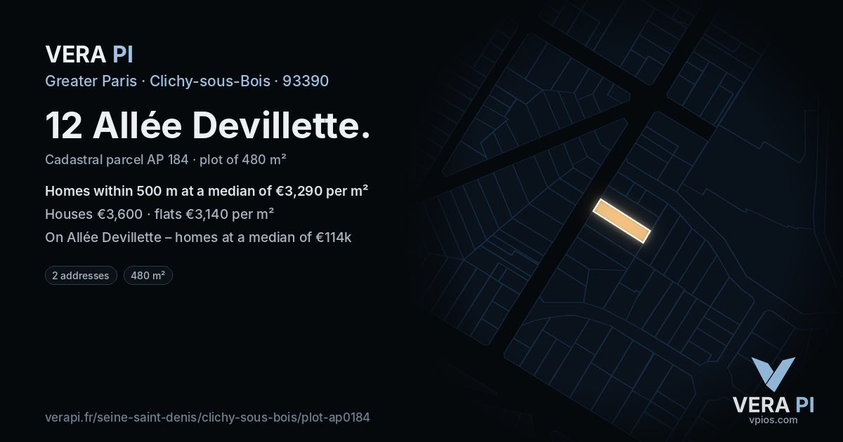 12 Allée Devillette, Clichy-sous-Bois at night – the plot lit, the parcels around coloured by the prices near them
