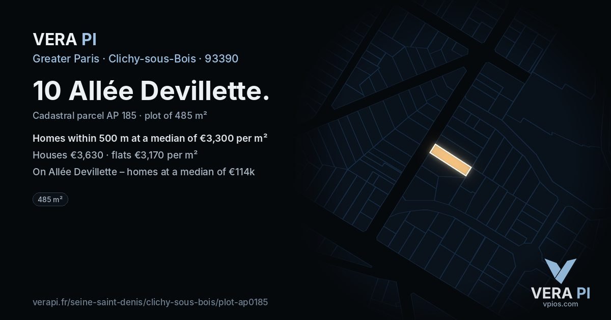 10 Allée Devillette, Clichy-sous-Bois at night – the plot lit, the parcels around coloured by the prices near them