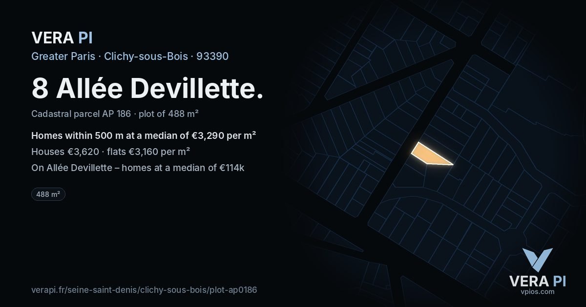 8 Allée Devillette, Clichy-sous-Bois at night – the plot lit, the parcels around coloured by the prices near them