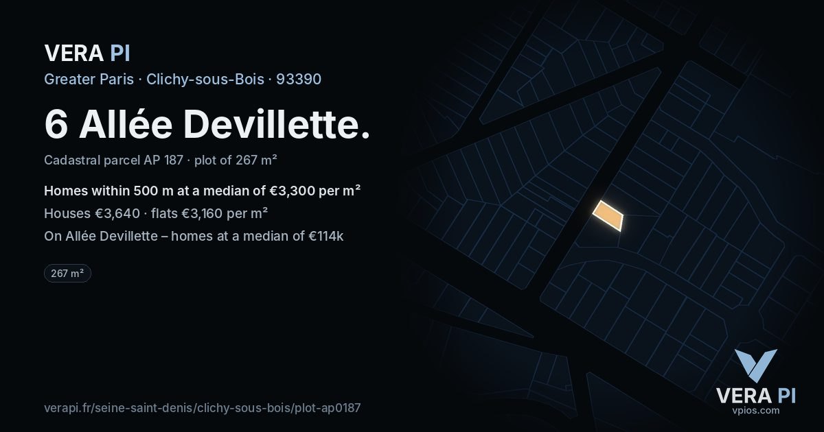 6 Allée Devillette, Clichy-sous-Bois at night – the plot lit, the parcels around coloured by the prices near them