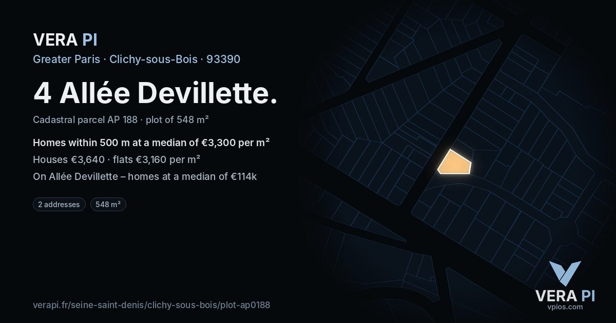 4 Allée Devillette, Clichy-sous-Bois at night – the plot lit, the parcels around coloured by the prices near them