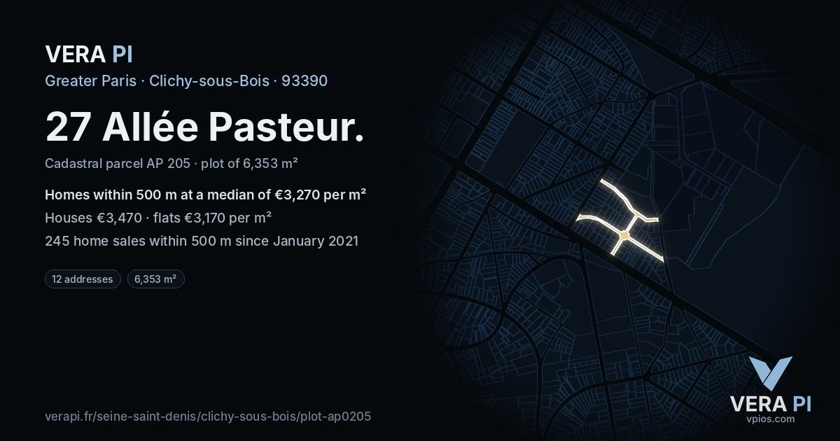 27 Allée Pasteur, Clichy-sous-Bois at night – the plot lit, the parcels around coloured by the prices near them